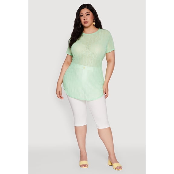 Womens Plus Size Sheer Textured Knit Tunic Top