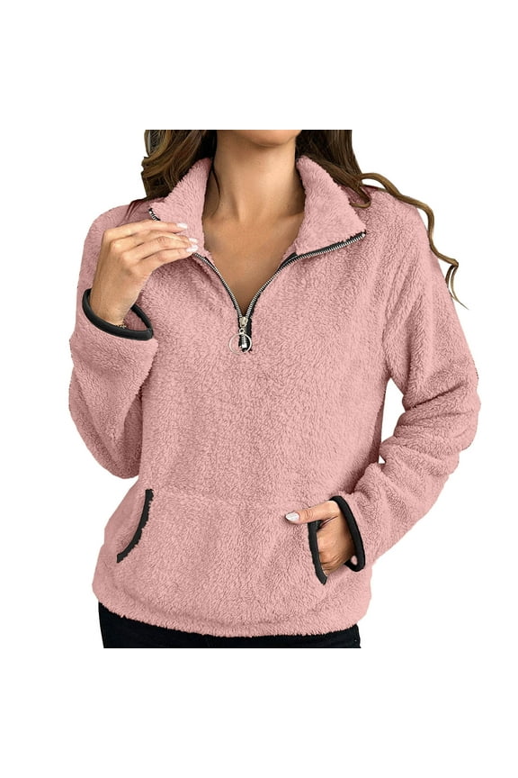 Womens Plus Size Sherpa Jacket, Long Sleeve Pullover for Women Fall Casual Warmth Solid Color Half Zip V Neck Sweaters with Pockets XL-5XL