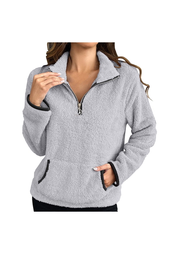 Womens Plus Size Sherpa Jacket, Long Sleeve Pullover for Women Fall Casual Warmth Solid Color Half Zip V Neck Sweaters with Pockets XL-5XL