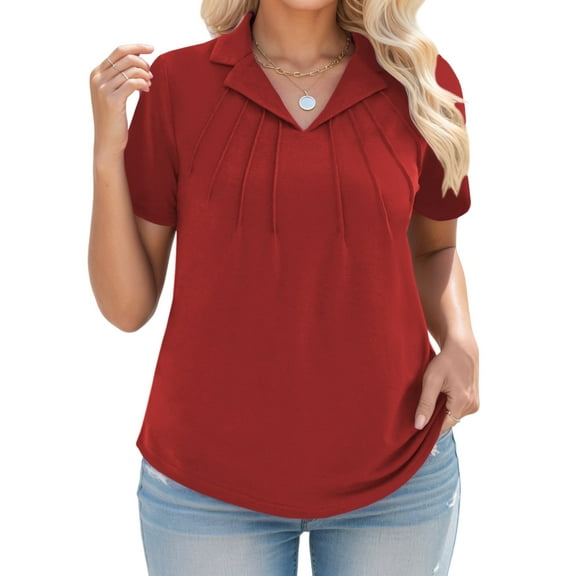 Womens Plus Size Shirts Casual Pleated Tops Oversized Polo Blouses Going Out Short Sleeve V-Neck Tees 3XL Red