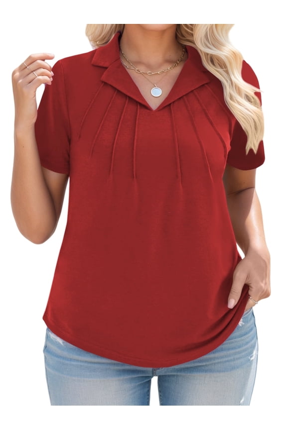 Womens Plus Size Shirts Casual Pleated Tops Oversized Polo Blouses Going Out Short Sleeve V-Neck Tees 3XL Red
