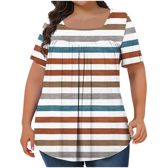 Womens Plus Size Shirts Casual Summer Short Sleeve T Shirts Fashion Spring Floral Printing Pullover Oversized Loose Square Collar Blouses Tops 05#Brown XXL