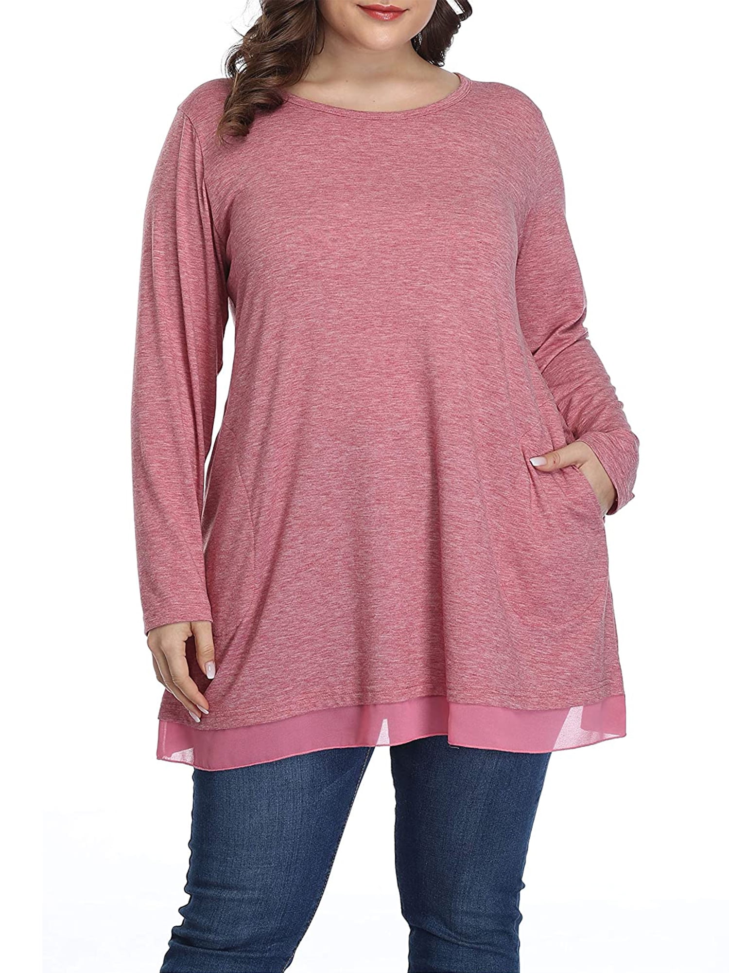 Womens Plus Size Shirts Chiffon Hem Tunic Long Sleeve Casual Cute Blouse Pocket T Shirt for Women - Walmart.com