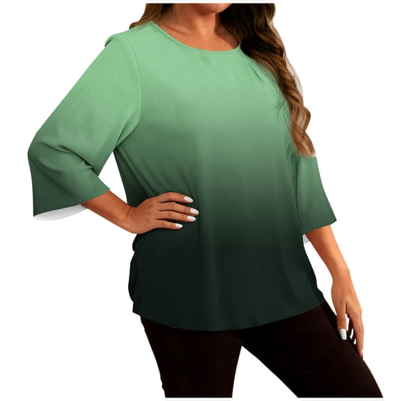 Womens Plus Size Shirts Crew Neck Tie Dye Printed Blouses Gradient 3/4 Length Sleeve Tops Casual Basic Tees Fashion Trendy Clothes Comfy Soft Outfits for Spring 2026