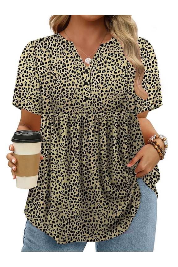 Womens Plus Size Shirts Flowy Button Tops Fashion Short Sleeve Cute Cozy V Neck Leopard Print Tunics 5X