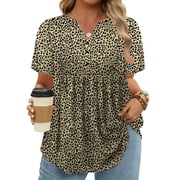 Womens Plus Size Shirts Flowy Button Tops Fashion Short Sleeve Cute Cozy V Neck Leopard Print Tunics 5X