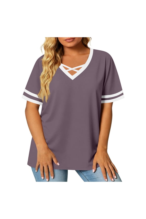 Womens Plus Size Shirts Loose Fit Short Sleeve Tops Color Block V Neck Criss Cross Clothing Soft Basic Blouses
