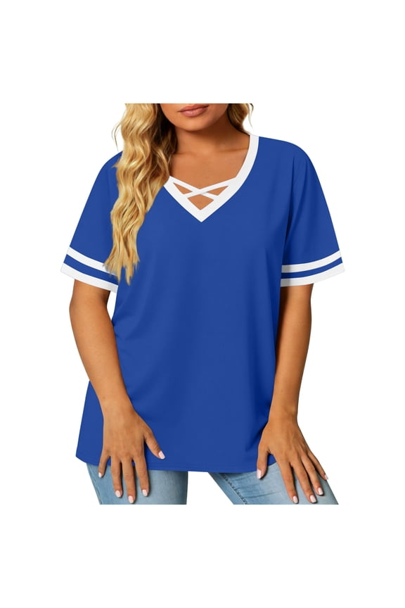Womens Plus Size Shirts Loose Fit Short Sleeve Tops Color Block V Neck Criss Cross Clothing Soft Basic Blouses