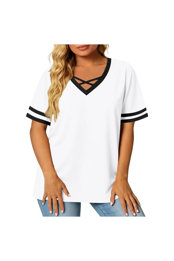 Womens Plus Size Shirts Loose Fit Short Sleeve Tops Color Block V Neck Criss Cross Clothing Soft Basic Blouses