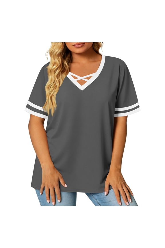 Womens Plus Size Shirts Loose Fit Short Sleeve Tops Color Block V Neck Criss Cross Clothing Soft Basic Blouses