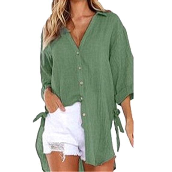 Womens Plus Size Shirts M-5X 3/4 Sleeve Button Up Collared Blouses Trendy Tie Side-Split Solid Casual Baggy High Low Hem Tops Tshirts