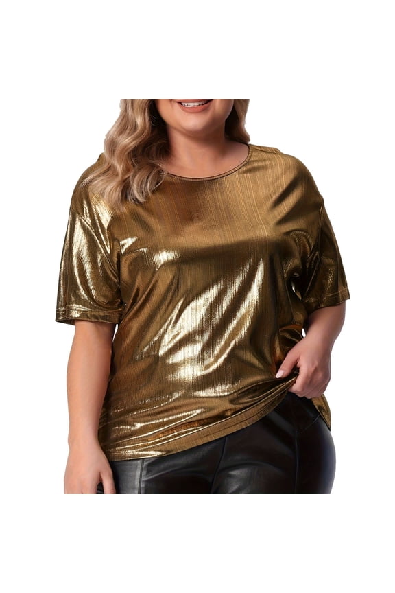 Womens Plus Size Shirts Oversized Shiny Solid Short Sleeved Round Neck Tee Tops Holiday Party Casual Pullover Blouses