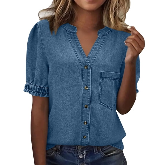 Womens Plus Size Shirts Oversized Tshirts for Women Casual Denim V Neck Short Sleeve Button Down Shirt Plus Size Tops Blue XL
