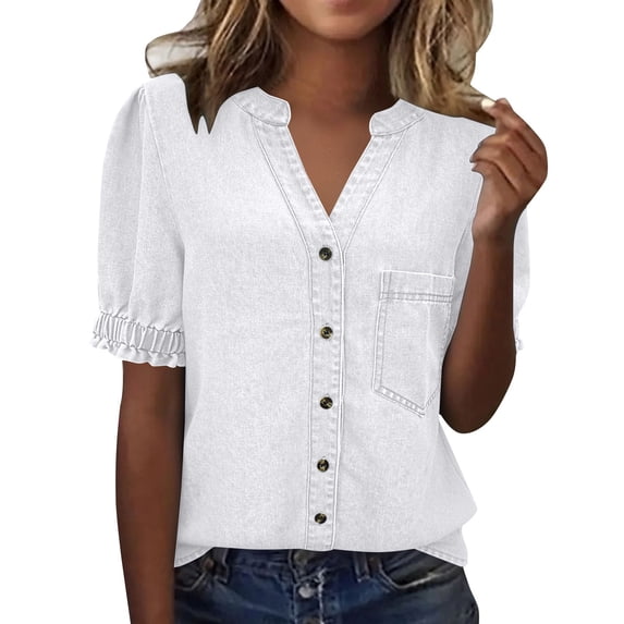 Womens Plus Size Shirts Oversized Tshirts for Women Casual Denim V Neck Short Sleeve Button Down Shirt Plus Size Tops White L