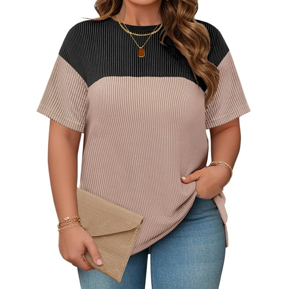 Womens Plus Size Short Sleeve Color Block Pullover Tunic Tops Summer Casual Crewneck Side Split T Shirts