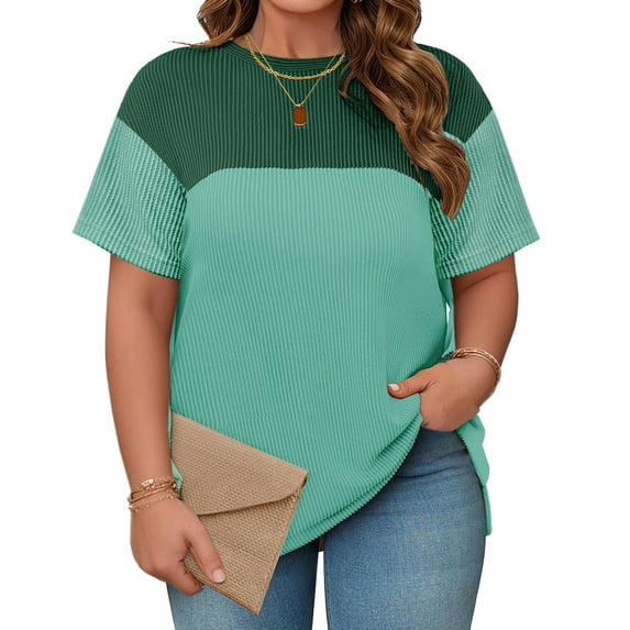 Womens Plus Size Short Sleeve Color Block Pullover Tunic Tops Summer Casual Crewneck Side Split T Shirts