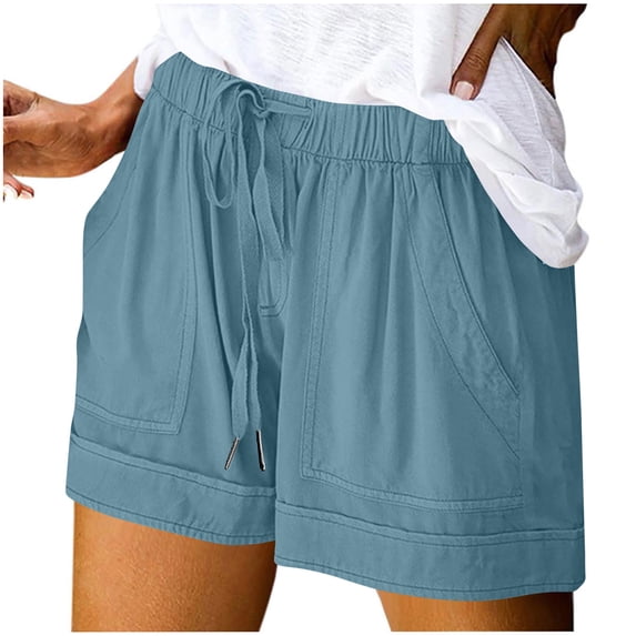 Womens Plus Size Shorts Casual Drawstring A Line Shorts Lightweight Spring Summer Linen Blend Pants Comfy Baech Trousers Sky Blue L