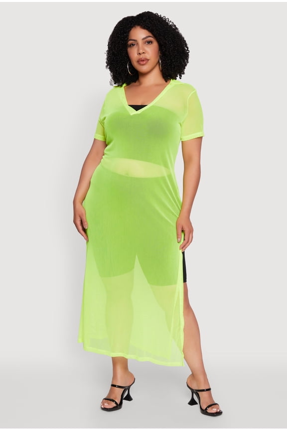 Womens Plus Size Side Slit Collared Mesh Maxi Top