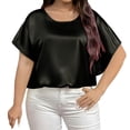thumbnail image 1 of Womens Plus Size Silk Satin Blouse Crew Neck Short Sleeve Shirts Dressy Casual Loose Business Work Office Summer Outfits, 1 of 5