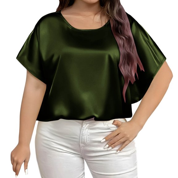 Womens Plus Size Silk Satin Blouse Crew Neck Short Sleeve Shirts Dressy Casual Loose Business Work Office Summer Outfits