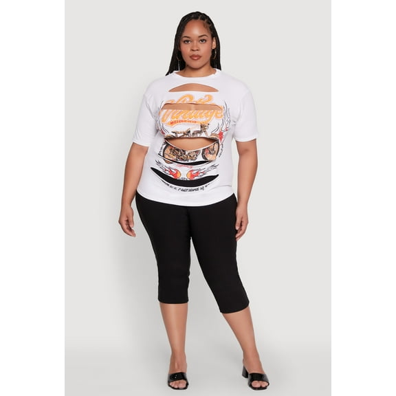 Womens Plus Size Slashed Vintage Motorcycle Graphic Crew Neck Tee