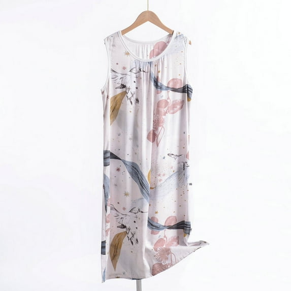 Womens Plus Size Sleeveless Nightgowns XL-6X Cute Pullover Round Neck Sleepshirts Ladies Casual Printed Loose Comfort Sleepwear Dresses
