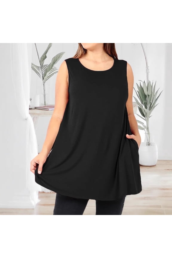 Womens Plus Size Sleeveless Tunic Tank Top, Flowy A-Line Shirt with Pockets, Black,Size 2XL