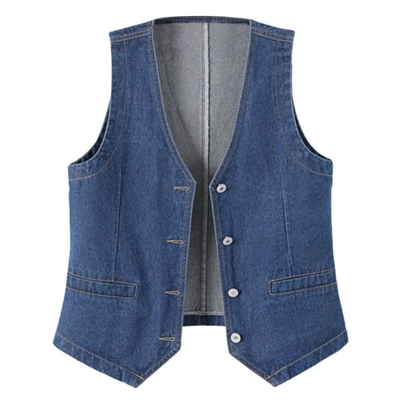 Womens Plus Size Sleeveless Vest Denim Jacket Button Front V Neck Waistcoat Casual Jean Suit Vest Dark Blue, S
