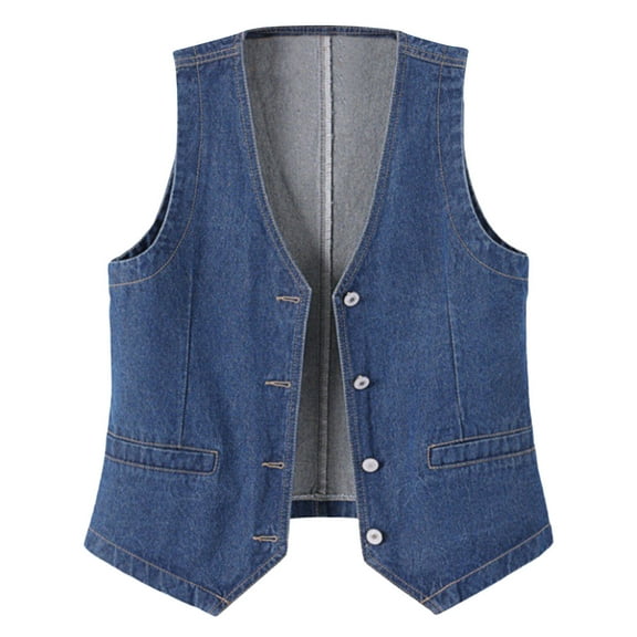 Womens Plus Size Sleeveless Vest Denim Jacket Button Front V Neck Waistcoat Casual Jean Suit Vest Dark Blue, S
