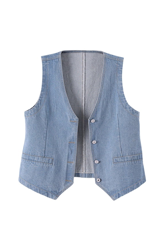 Womens Plus Size Sleeveless Vest Denim Jacket Button Front V Neck Waistcoat Casual Jean Suit Vest Light Blue, L