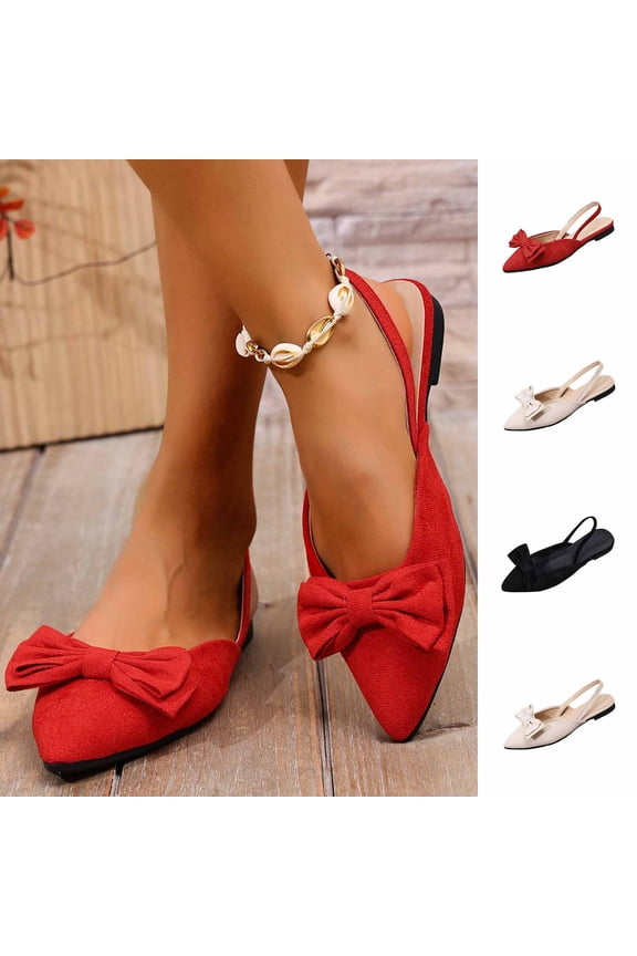 Womens Plus Size Slingback Sandals Solid Color Bow Decor Pointed Toe Breathable Flat Shoes for Daily Walking