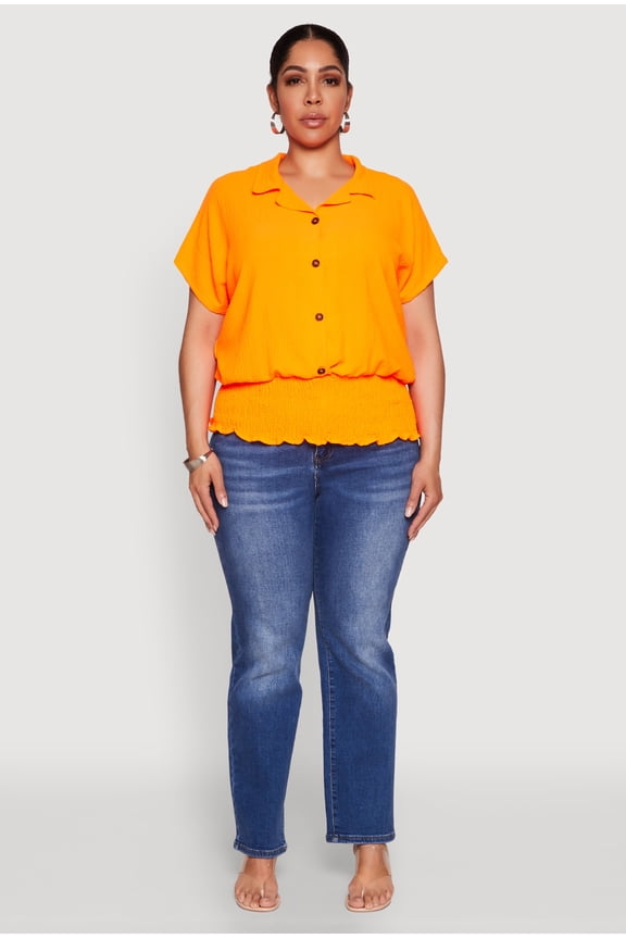 Womens Plus Size Smocked Hem Button Front Top