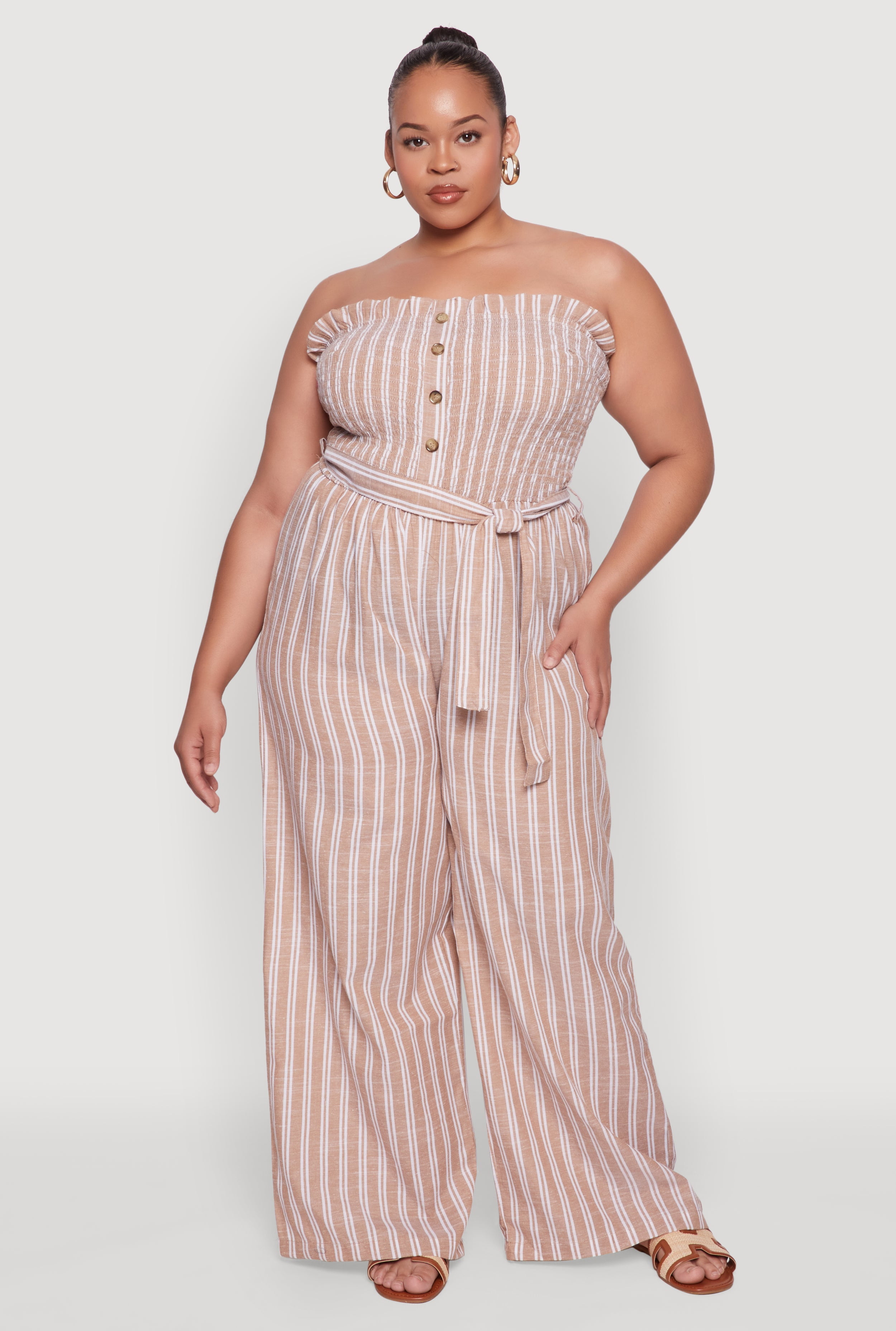 Womens Plus Size Smocked Pinstripe Jumpsuit