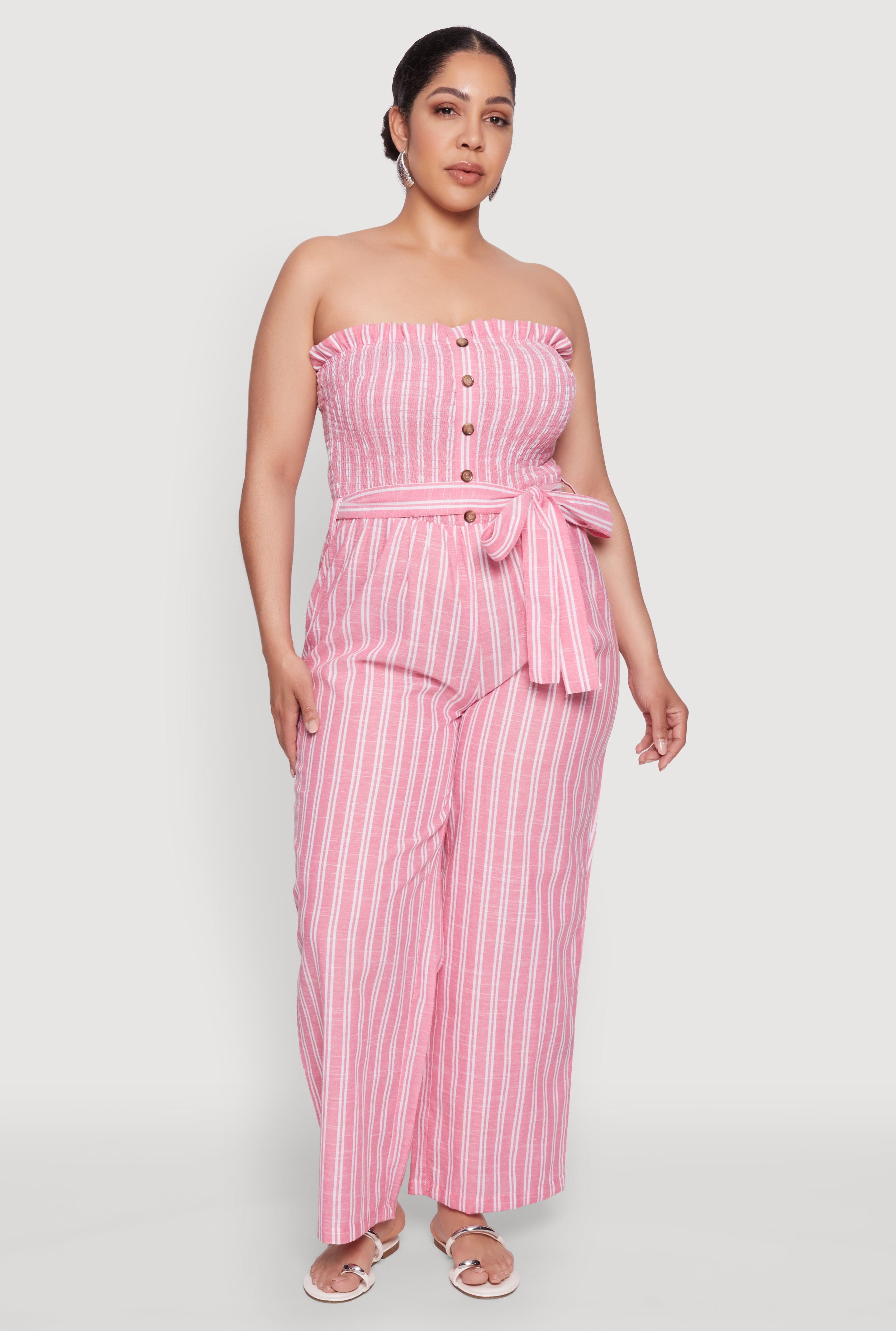 Womens Plus Size Smocked Pinstripe Jumpsuit