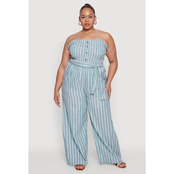 Womens Plus Size Smocked Pinstripe Jumpsuit