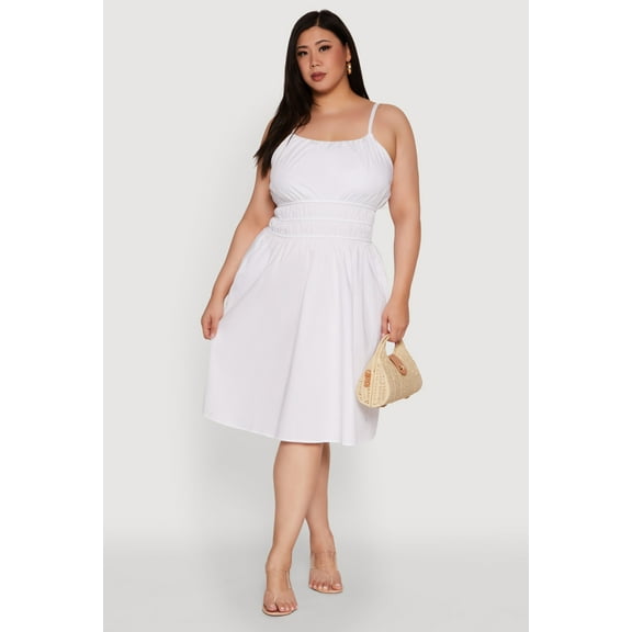 Womens Plus Size Smocked Waist Poplin Midi Dress