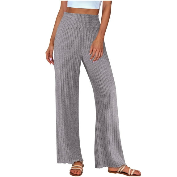 Womens Plus Size Solid Color Pajama Pants Casual Wide Leg Elastic Waist Ribbed Knit Loose Pants