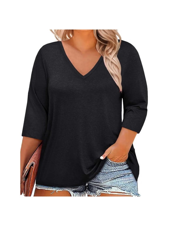 Womens Plus Size Solid Color Tops V Neck 3/4 Length Sleeve T Shirts Basic Baggy Tees Casual Breathable Clothes