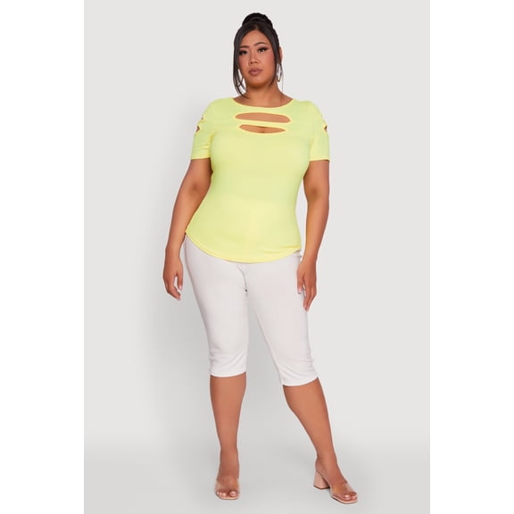Womens Plus Size Solid Double Keyhole Crew Neck T-Shirt