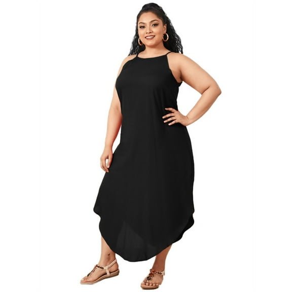 Womens Plus Size Spaghetti Strap Casual Solid Color Flowy Swing Dresses FZH