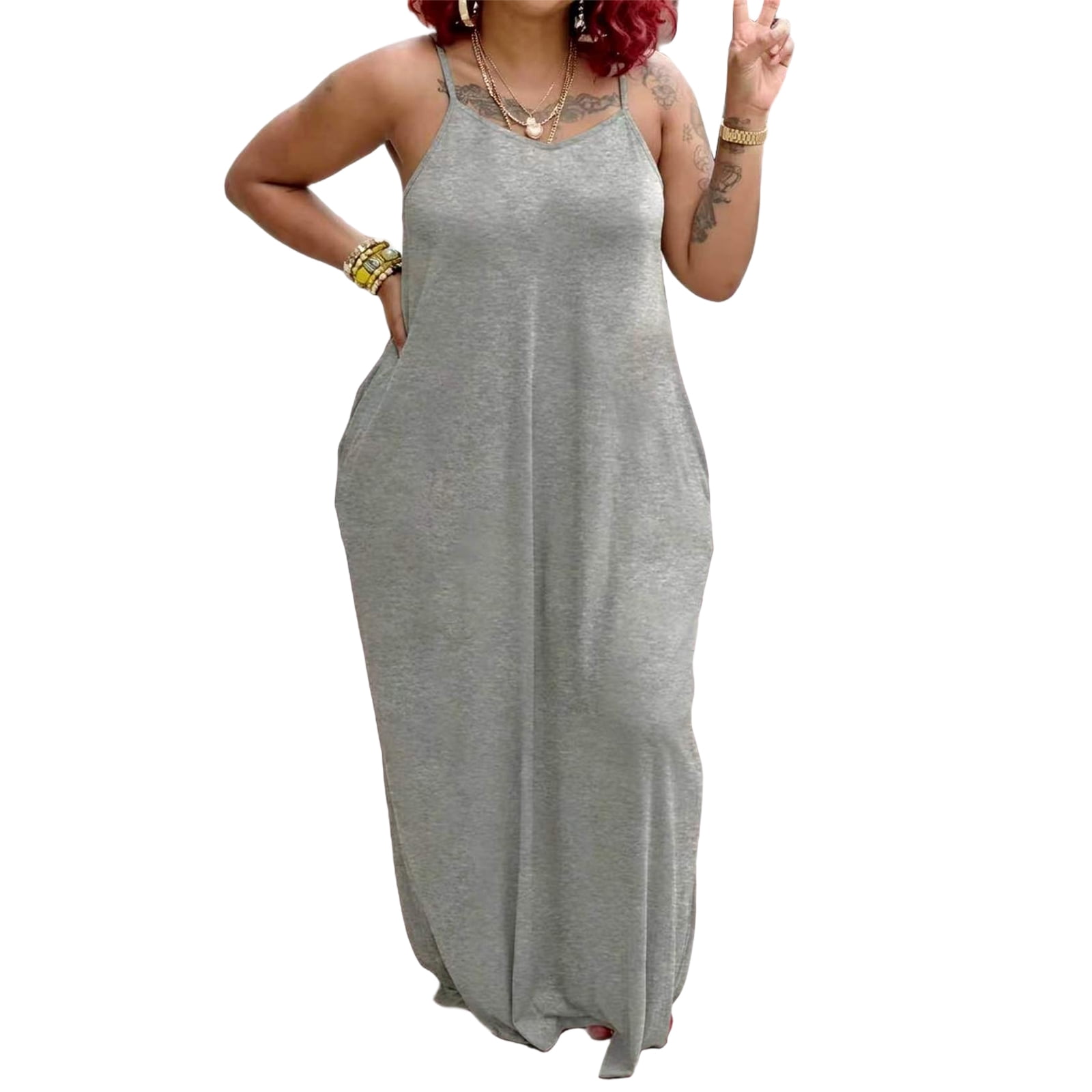 Womens Plus Size Spaghetti Strap Maxi Dress, Summer Adjustable Strap Loose Fit Cami Dress with Pockets, Flowy Everyday Sundress
