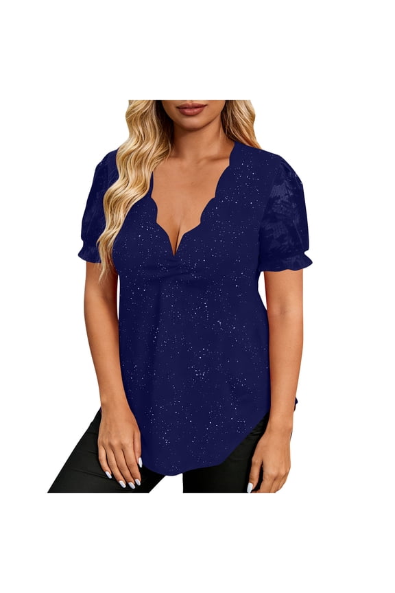 Womens Plus Size Sparkly Tops, Short Sleeve Shirts for Women Summer Fashion Shiny Lace Patchwork Wave V Neck Dressy Blouses for Party