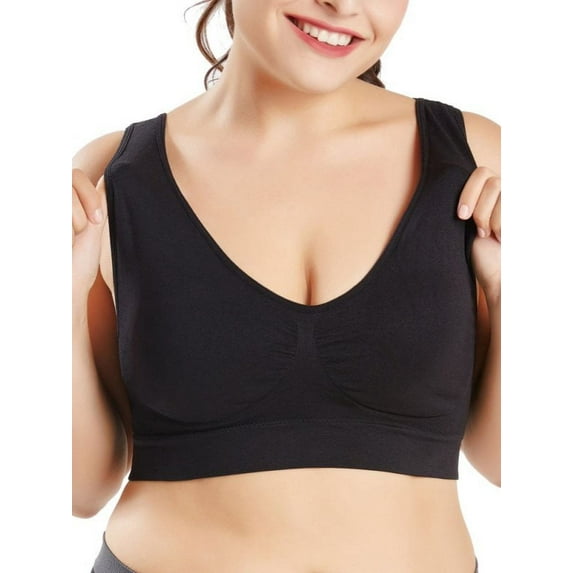 Womens Plus Size Sports Bra Full Figure Camisole Wirefree Sports Bras,Seamless Comfortable Padded U Back Workout Bralettes,Mid supportive Yoga Bra No-Bounce Workout Running Jogging Pullover Bra,Black