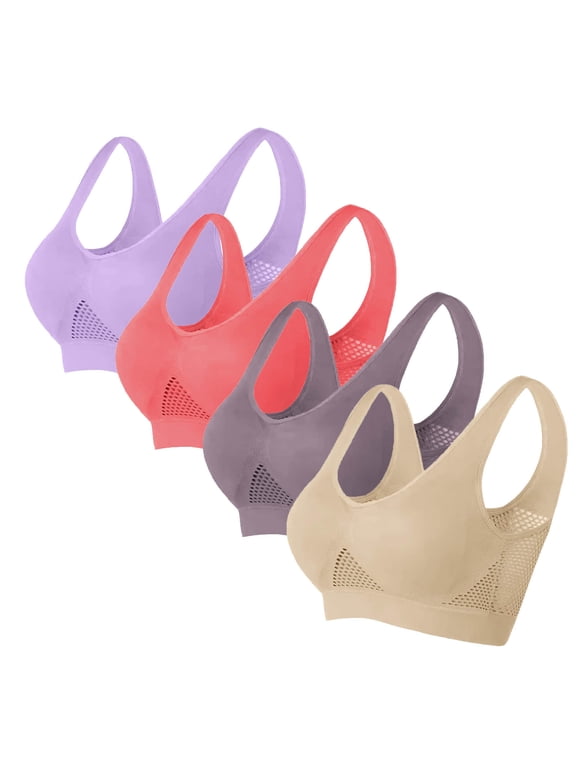 Womens Plus Size Sports Bras 4 Pack Casual Breathable Push-Up Hollow Out Wire-Free Pullover Bralettes Basic Solid Nylon Yoga Underwear Bra S-6X