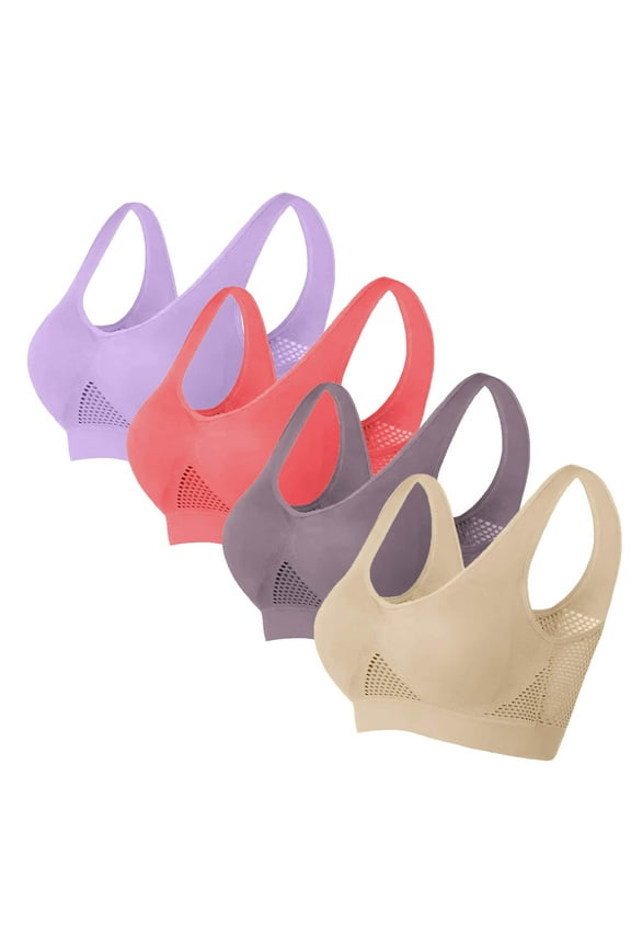 Womens Plus Size Sports Bras 4 Pack Casual Breathable Push-Up Hollow Out Wire-Free Pullover Bralettes Basic Solid Nylon Yoga Underwear Bra S-6X