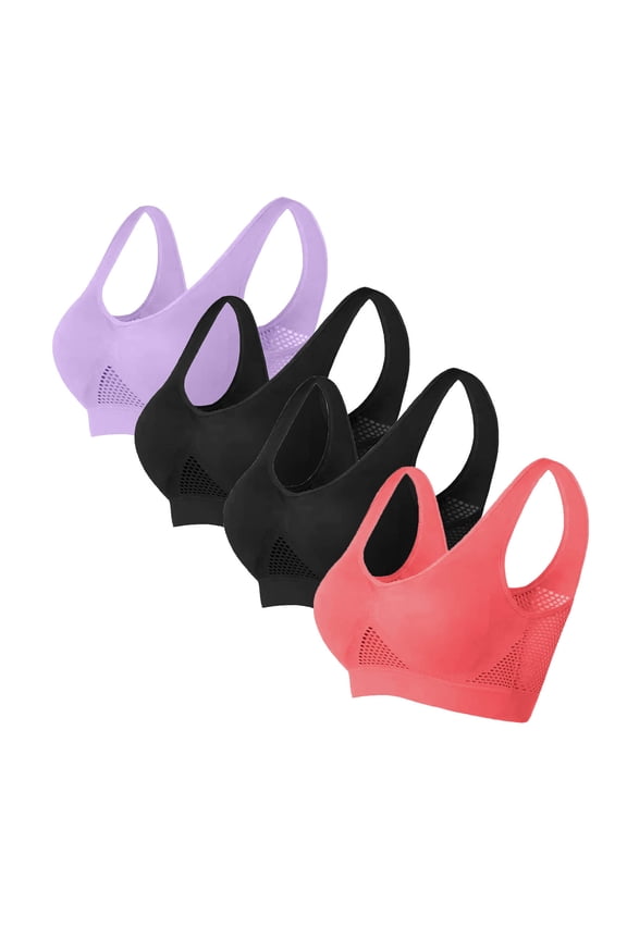 Womens Plus Size Sports Bras 4 Pack Casual Breathable Push-Up Hollow Out Wire-Free Pullover Bralettes Basic Solid Nylon Yoga Underwear Bra S-6X