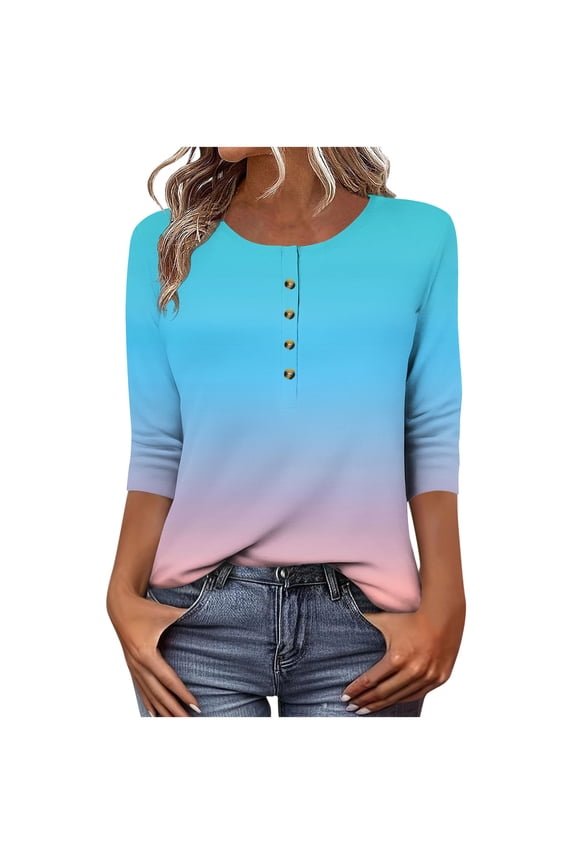 Womens Plus Size Spring Clothes, 3/4 Sleeve Shirts for Women Summer Casual Loose Fit Ombre Tie Dye Button Up Crewneck T-Shirts