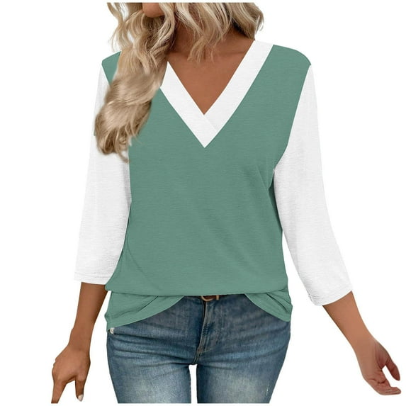 Womens Plus Size Spring Clothes, 3/4 Sleeve Shirts for Women Summer Fashion Loose Fit Color Patchwork V Neck T-Shirts