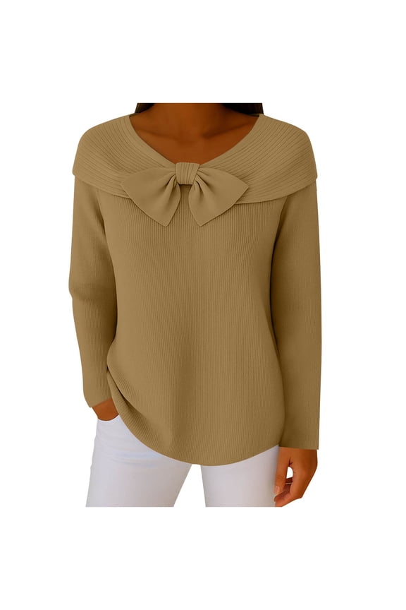 Womens Plus Size Spring Clothes, Fall Sweaters for Women Fashion Loose Fit Knitted Ribbed Crewneck Long Sleeve Pullover with Bows