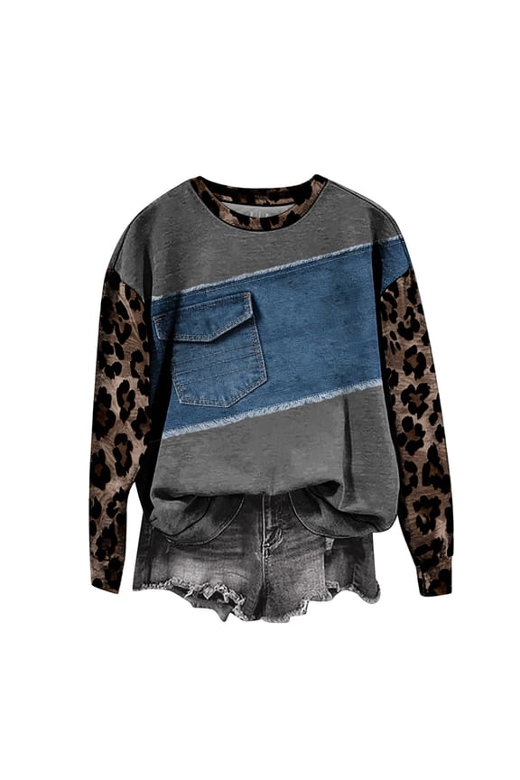Womens Plus Size Spring Color Block Printed Long Sleeve Shirt Oversized Leopard Print Crewneck Blouse Pullover Top
